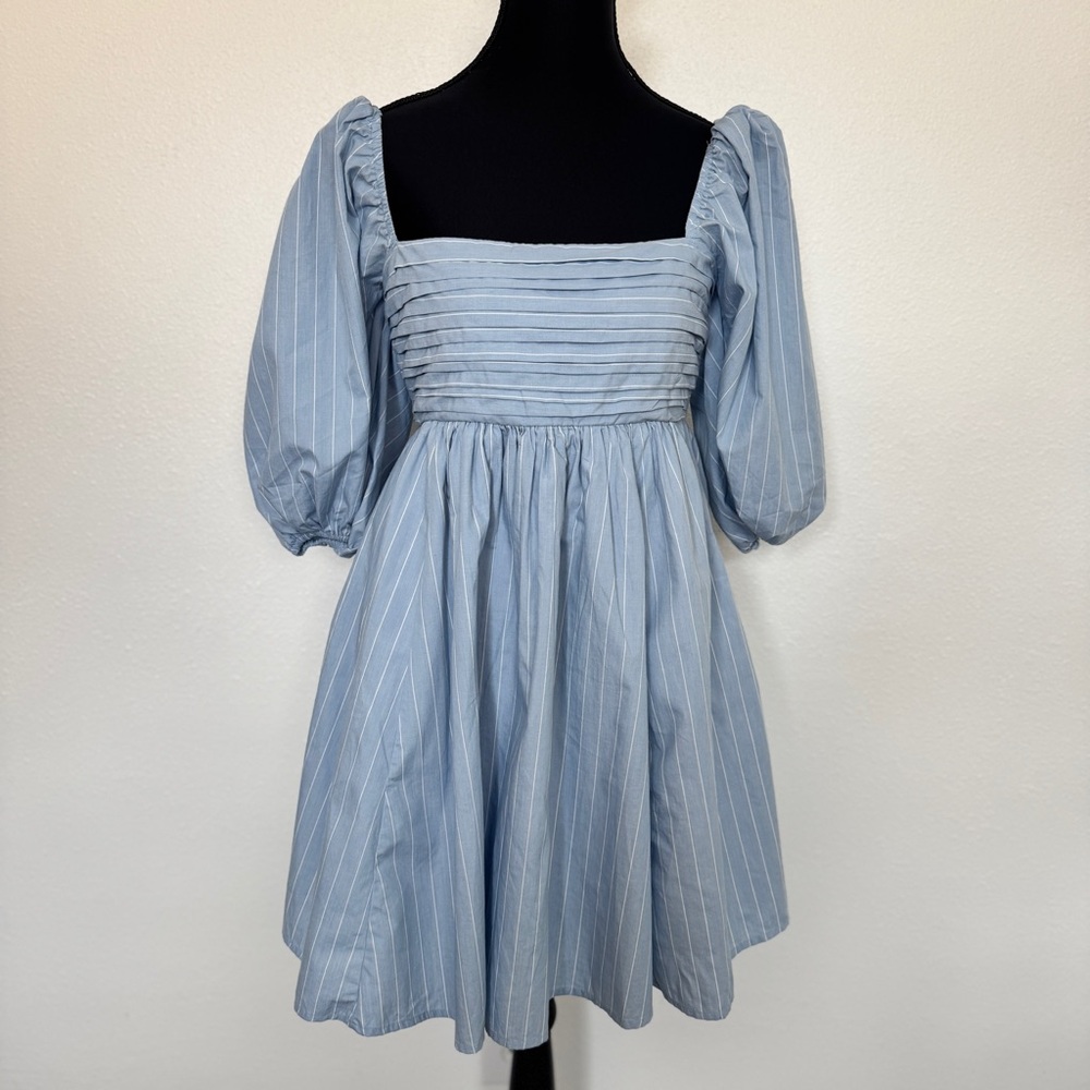 Abercrombie & Fitch Emerson Poplin Puff Sleeve Blue Striped Dress S - Picture 2 of 5